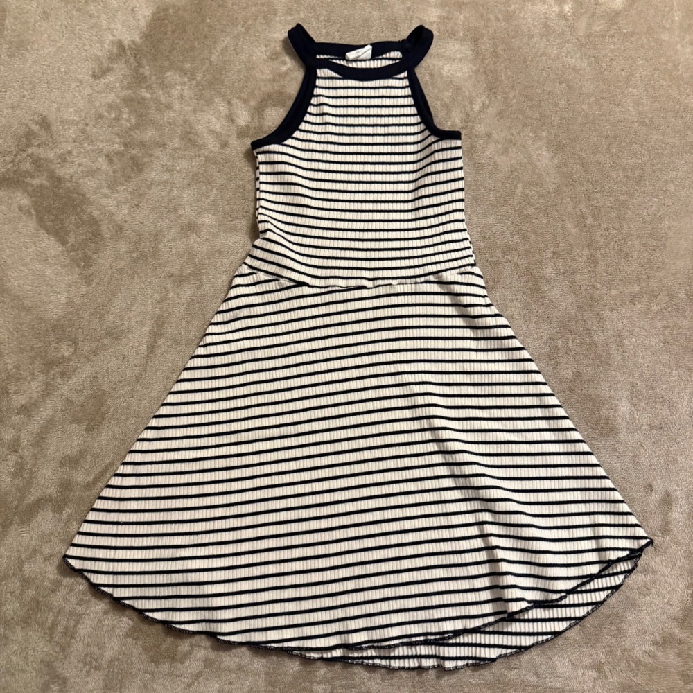 Zara Kids Girls Navy Blue Cream Striped Ribbed Halter Fit & Flare Dress Size 10